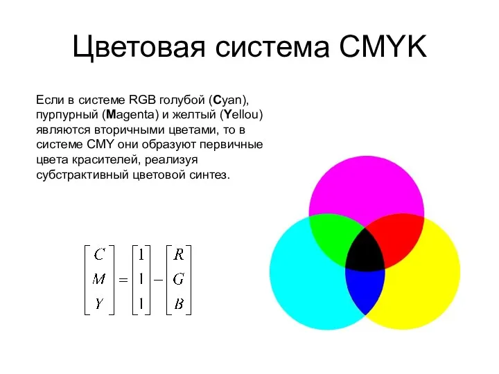 Цветовая система CMYK Если в системе RGB голубой (Cyan), пурпурный (Magenta) и желтый