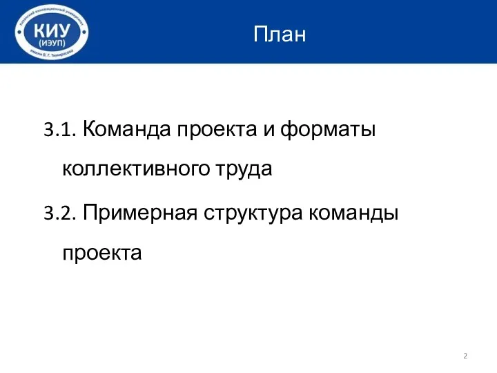 3.1. Команда проекта и форматы коллективного труда 3.2. Примерная структура команды проекта План