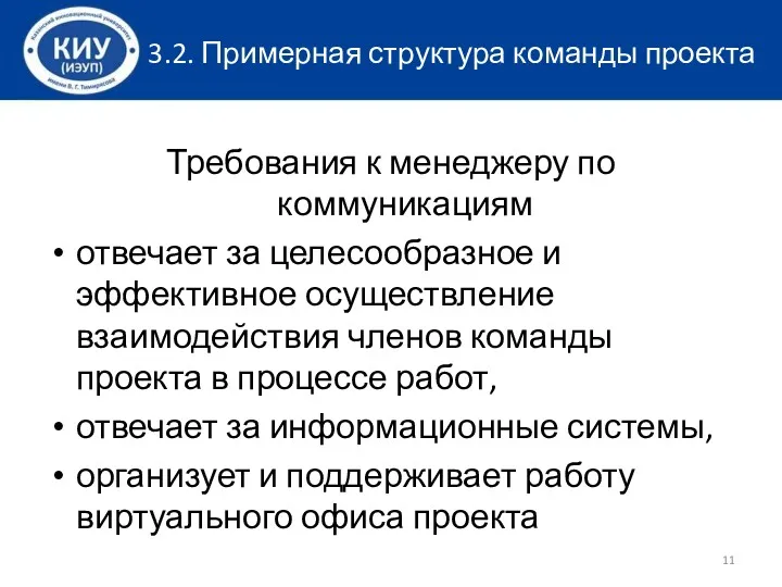 3.2. Примерная структура команды проекта Требования к менеджеру по коммуникациям