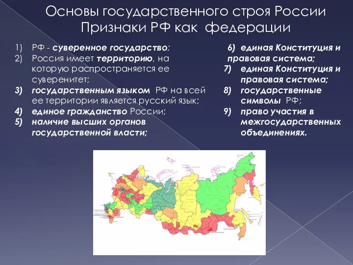 Основы государственного строя России Признаки РФ как федерации РФ -