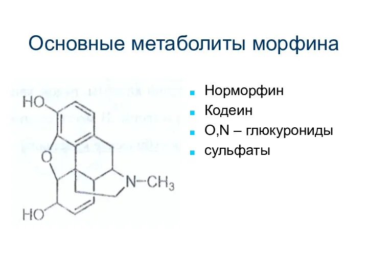 Основные метаболиты морфина Норморфин Кодеин O,N – глюкурониды сульфаты