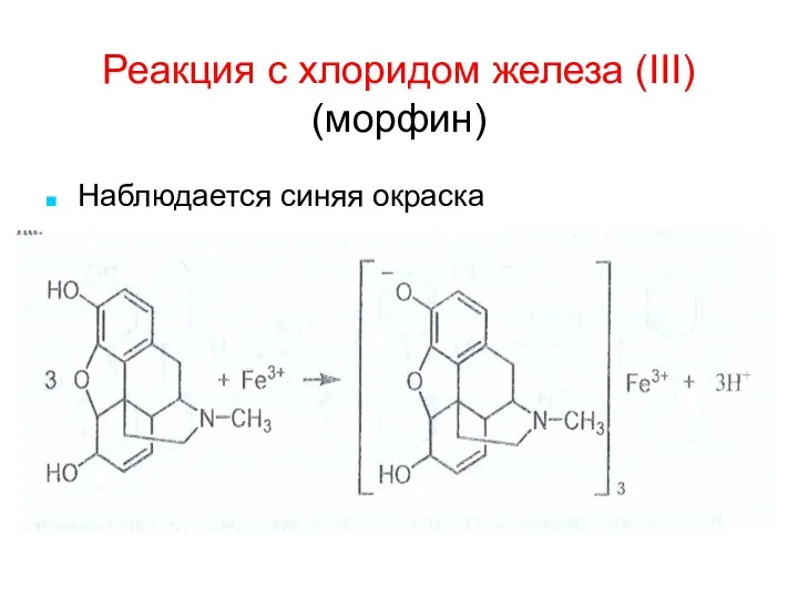 Реакция с хлоридом железа (III) (морфин) Наблюдается синяя окраска