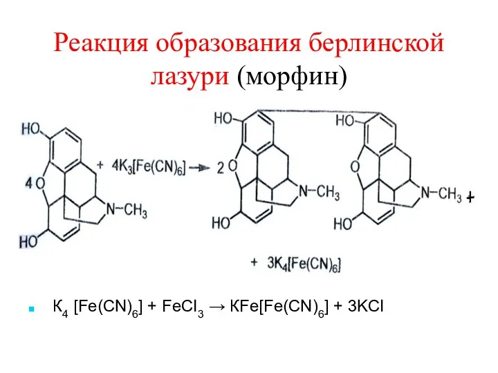 Реакция образования берлинской лазури (морфин) К4 [Fe(CN)6] + FeCI3 → КFe[Fe(CN)6] + 3KCI