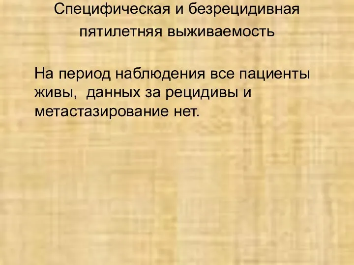 Специфическая и безрецидивная пятилетняя выживаемость На период наблюдения все пациенты