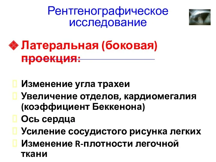 Рентгенографическое исследование Латеральная (боковая) проекция: Изменение угла трахеи Увеличение отделов,