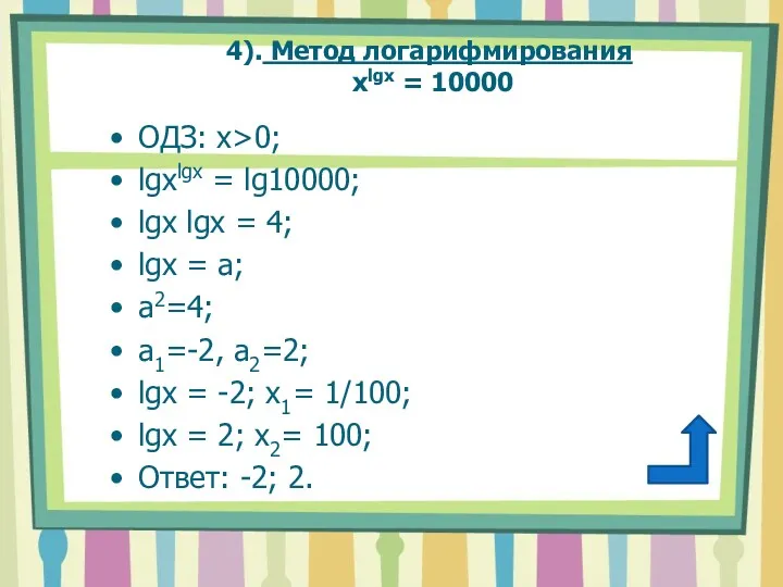 4). Метод логарифмирования xlgx = 10000 ОДЗ: х>0; lgxlgx =