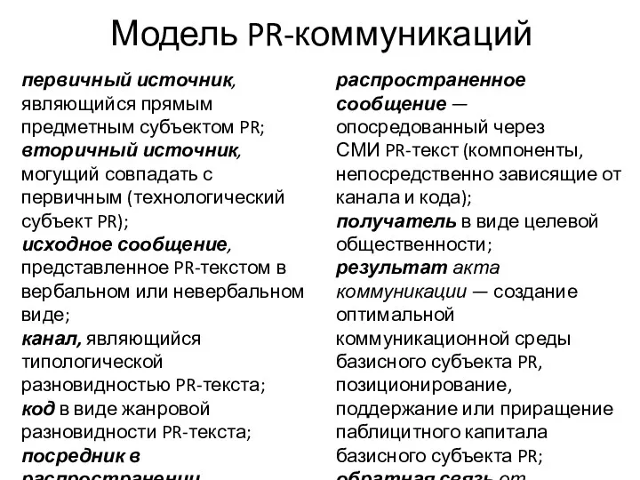 Модель PR-коммуникаций первичный источник, являющийся прямым предметным субъектом PR; вторичный