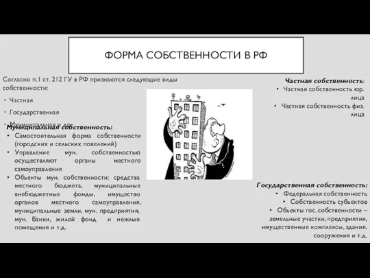 ФОРМА СОБСТВЕННОСТИ В РФ Согласно п.1 ст. 212 ГУ в