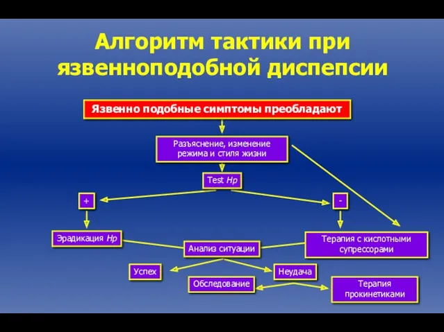 Алгоритм тактики при язвенноподобной диспепсии Язвенно подобные симптомы преобладают Разъяснение,