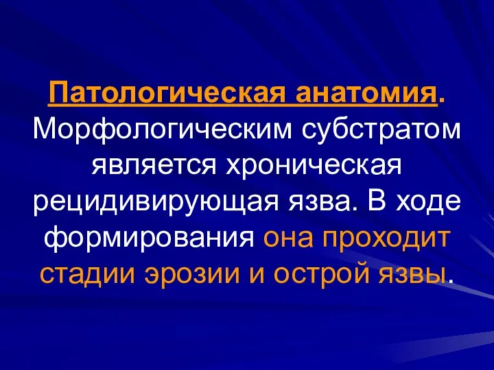 Патологическая анатомия. Морфологическим субстратом является хроническая рецидивирующая язва. В ходе