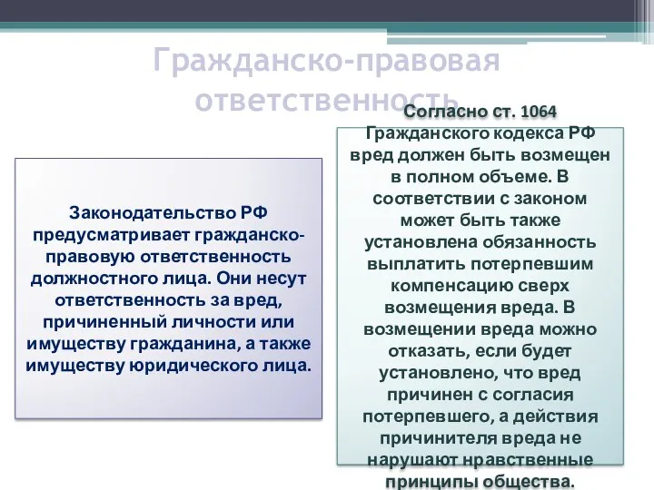 Гражданско-правовая ответственность Законодательство РФ предусматривает гражданско-правовую ответственность должностного лица. Они