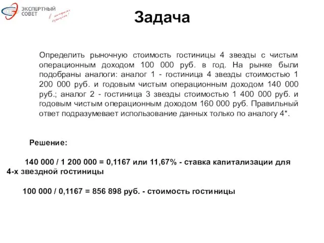 Задача Определить рыночную стоимость гостиницы 4 звезды с чистым операционным