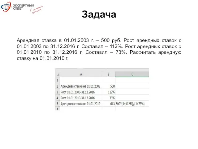 Задача Арендная ставка в 01.01.2003 г. – 500 руб. Рост