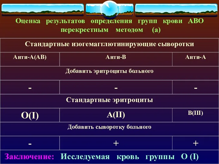 Оценка результатов определения групп крови АВО перекрестным методом (а)