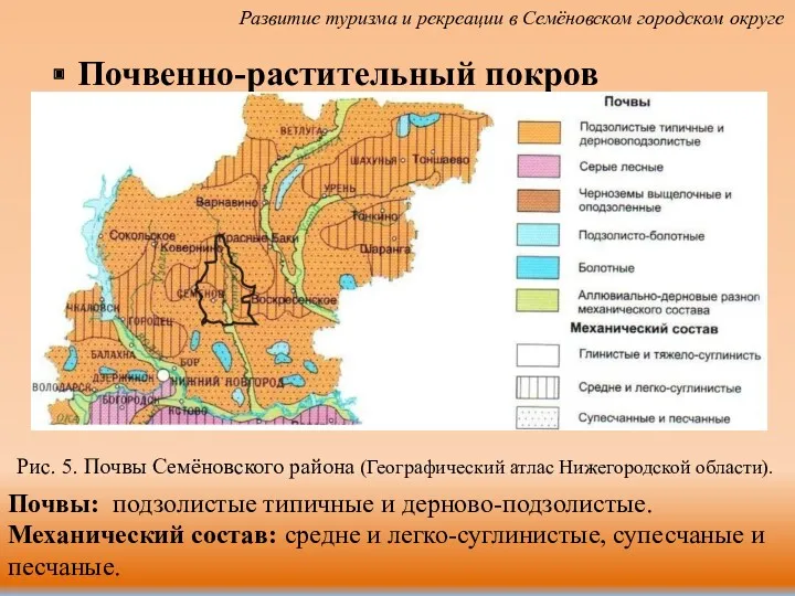 Почвенно-растительный покров Почвы: подзолистые типичные и дерново-подзолистые. Механический состав: средне