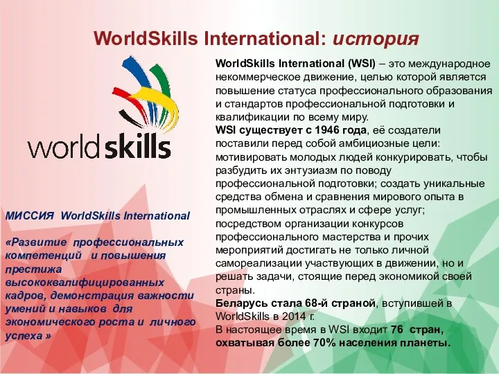 WorldSkills International: история МИССИЯ WorldSkills International «Развитие профессиональных компетенций и повышения престижа высококвалифицированных