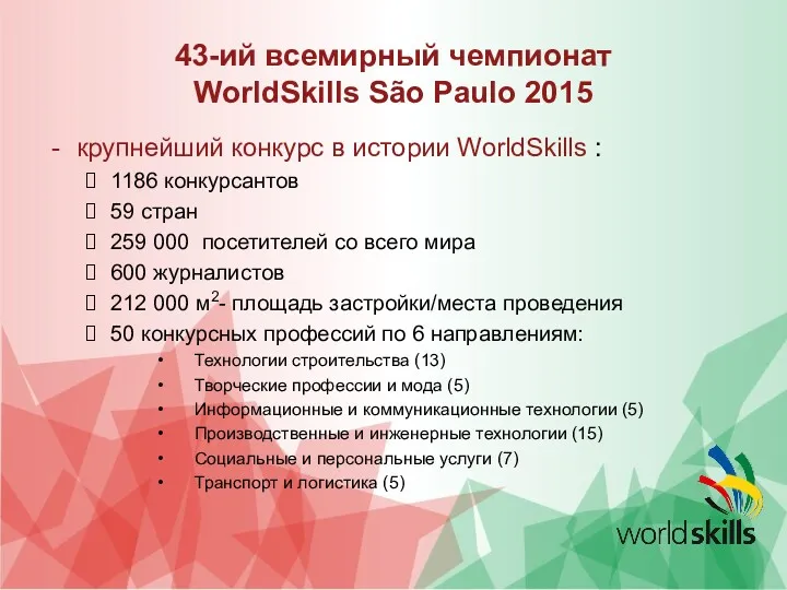 43-ий всемирный чемпионат WorldSkills São Paulo 2015 крупнейший конкурс в
