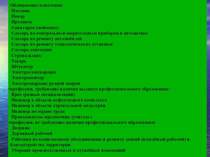 Облицовщик-плиточник Плотник Повар Продавец Санитарка (мойщица) Слесарь по контрольно-измерительным приборам