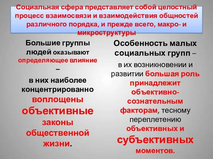 Социальная сфера представляет собой целостный процесс взаимосвязи и взаимодействия общностей