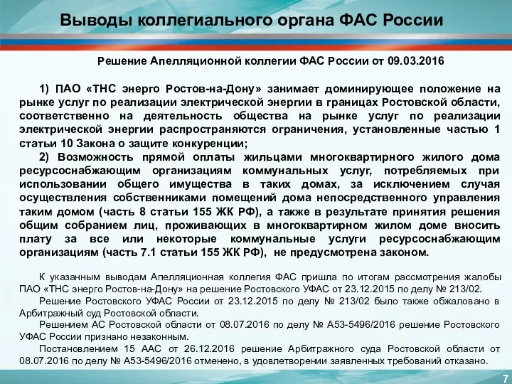 Выводы коллегиального органа ФАС России Решение Апелляционной коллегии ФАС России