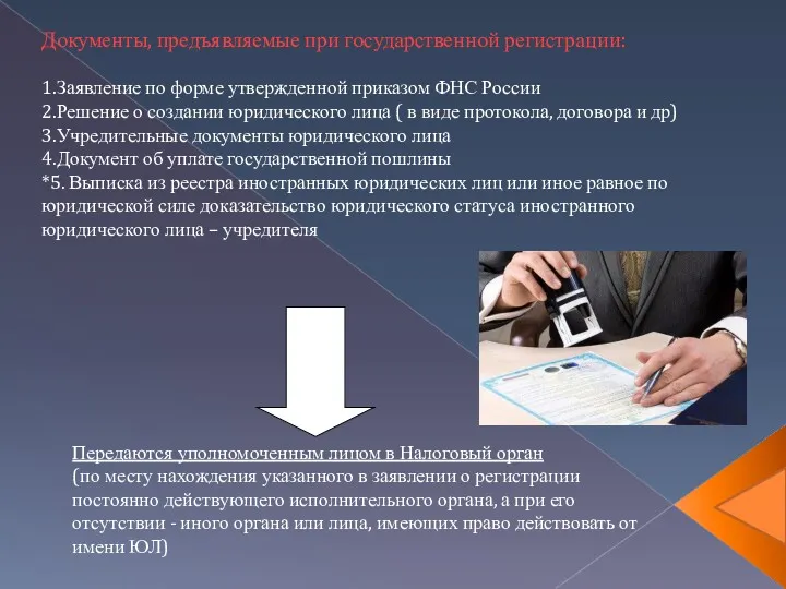 Документы, предъявляемые при государственной регистрации: 1.Заявление по форме утвержденной приказом