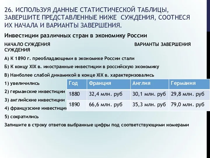 26. ИСПОЛЬЗУЯ ДАННЫЕ СТАТИСТИЧЕСКОЙ ТАБЛИЦЫ, ЗАВЕРШИТЕ ПРЕДСТАВЛЕННЫЕ НИЖЕ СУЖДЕНИЯ, СООТНЕСЯ