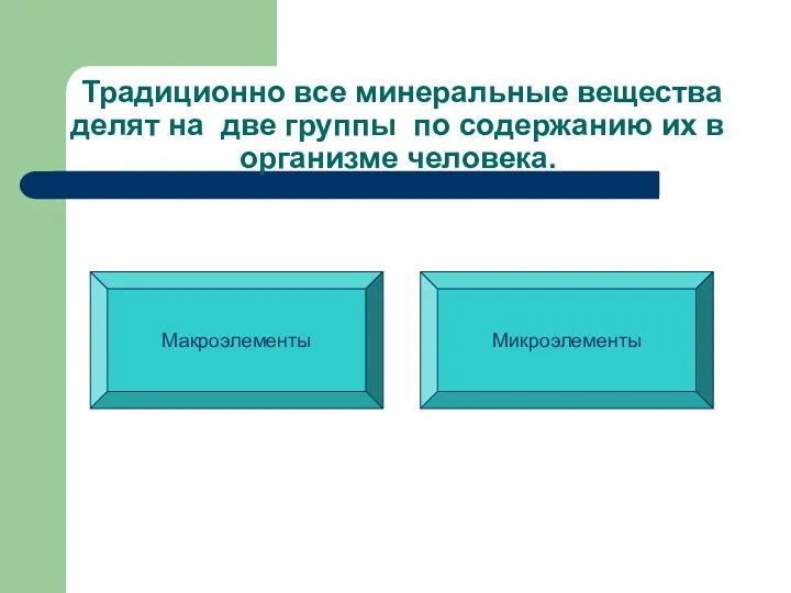 Традиционно все минеральные вещества делят на две группы по содержанию их в организме человека. Макроэлементы Микроэлементы