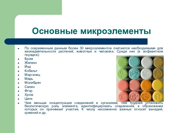 Основные микроэлементы По современным данным более 30 микроэлементов считаются необходимыми