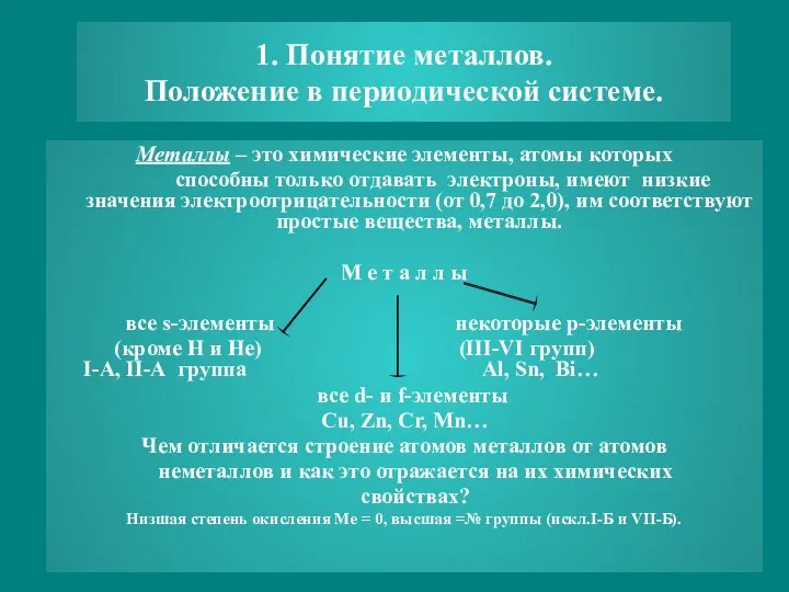 1. Понятие металлов. Положение в периодической системе. Металлы – это