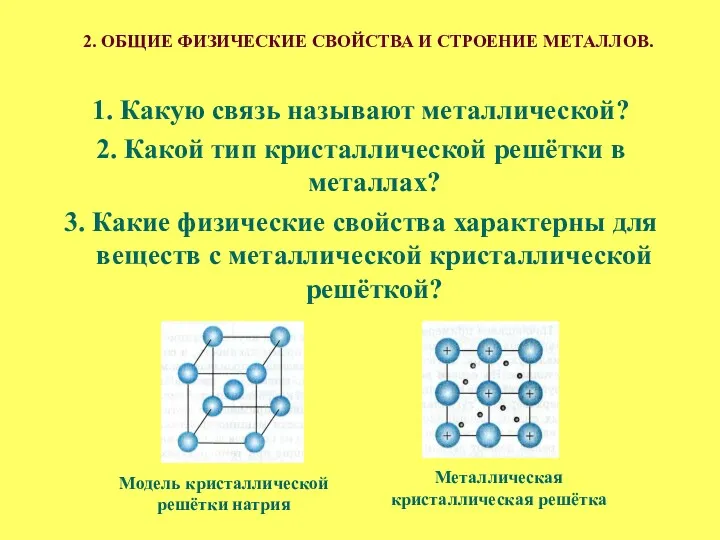 1. Какую связь называют металлической? 2. Какой тип кристаллической решётки