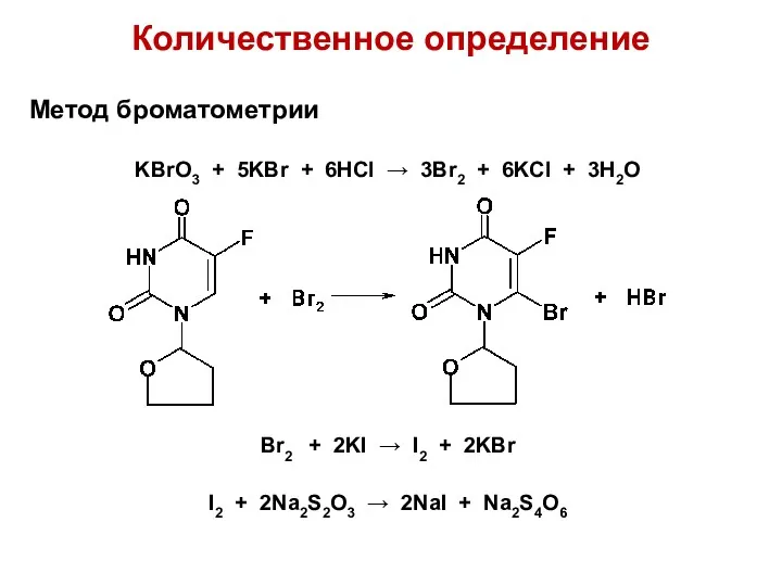 Количественное определение Метод броматометрии KBrO3 + 5KBr + 6HCl →