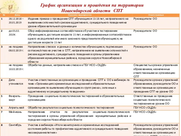 График организации и проведения на территории Новосибирской области СПТ