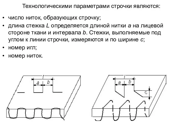Технологическими параметрами строчки являются: число ниток, образующих строчку; длина стежка