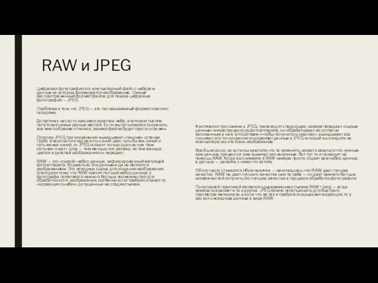 RAW и JPEG Цифровая фотография это компьютерный файл с набором данных из которых