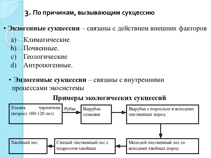 3. По причинам, вызывающим сукцессию Экзогенные сукцессии – связаны с