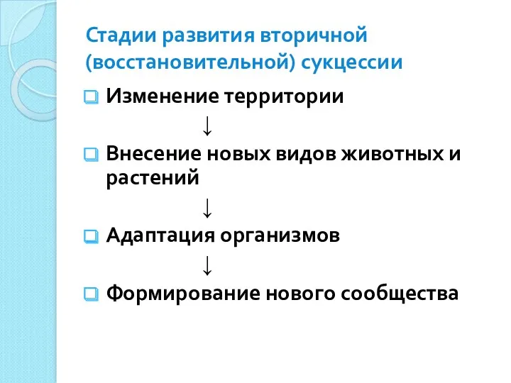 Стадии развития вторичной (восстановительной) сукцессии Изменение территории ↓ Внесение новых