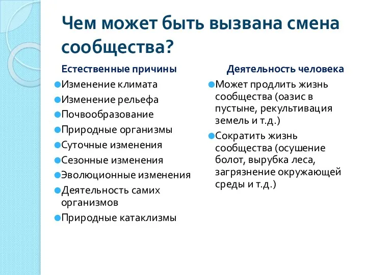 Чем может быть вызвана смена сообщества? Естественные причины Изменение климата