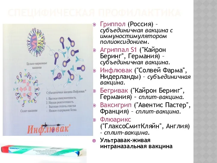 СПЕЦИФИЧЕСКАЯ ПРОФИЛАКТИКА Гриппол (Россия) – субъединичная вакцина с иммуностимулятором полиоксидонием.