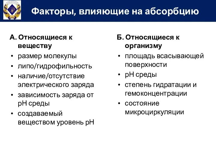 Факторы, влияющие на абсорбцию А. Относящиеся к веществу размер молекулы