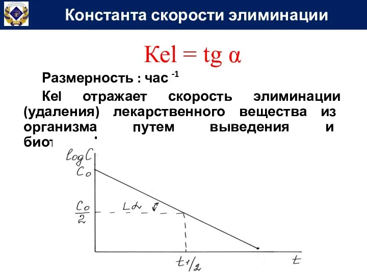 Константа скорости элиминации Кеl = tg α Размерность : час