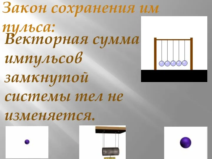 Закон сохранения им пульса: Векторная сумма импульсов замкнутой системы тел не изменяется.