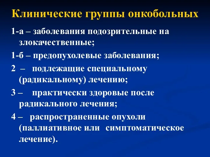 Клинические группы онкобольных 1-а – заболевания подозрительные на злокачественные; 1-б