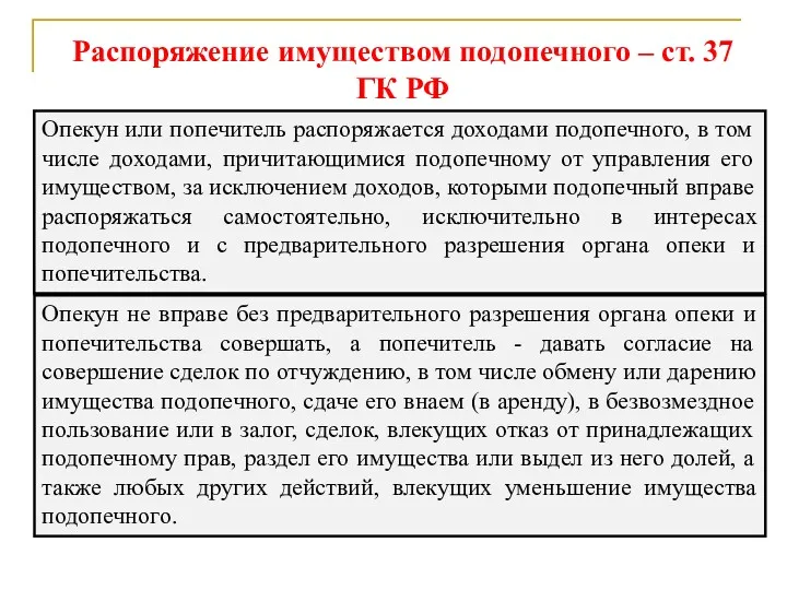 Распоряжение имуществом подопечного – ст. 37 ГК РФ Опекун или