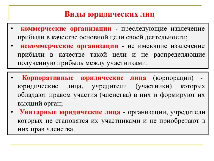 Виды юридических лиц коммерческие организации - преследующие извлечение прибыли в