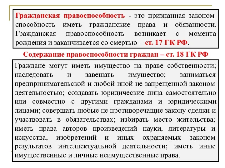 Гражданская правоспособность - это признанная законом способность иметь гражданские права