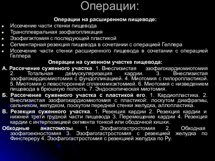 Операции: Операции на расширенном пищеводе: Иссечение части стенки пищевода Трансплевральная