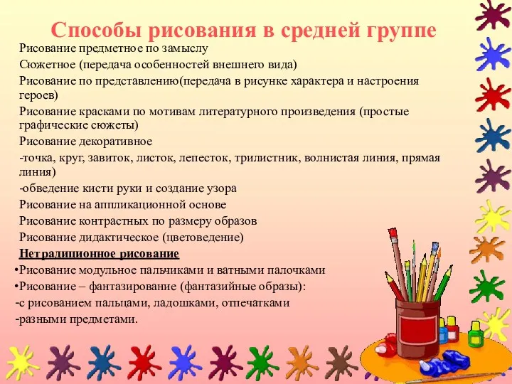 Способы рисования в средней группе Рисование предметное по замыслу Сюжетное