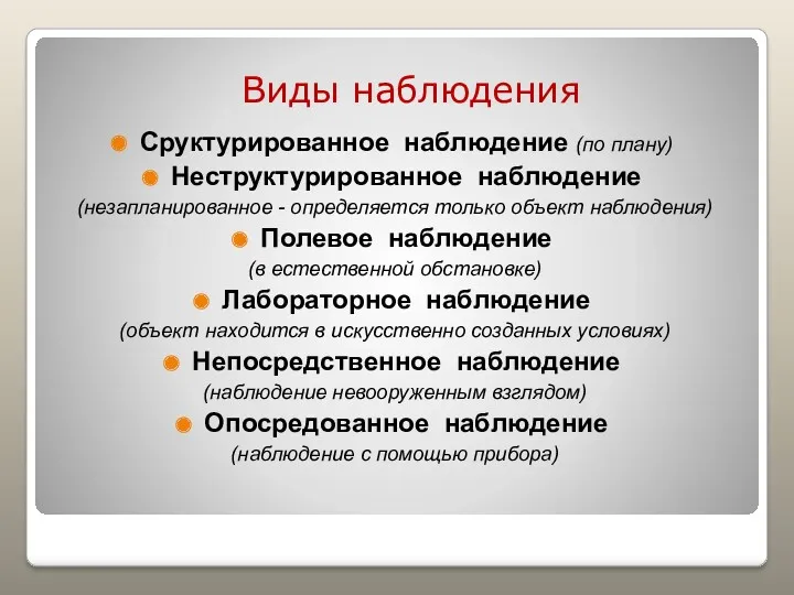 Виды наблюдения Сруктурированное наблюдение (по плану) Неструктурированное наблюдение (незапланированное -