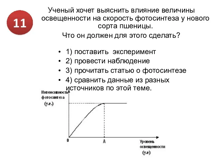 Ученый хочет выяснить влияние величины освещенности на скорость фотосинтеза у