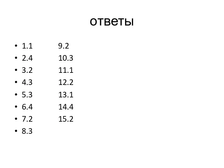 ответы 1.1 9.2 2.4 10.3 3.2 11.1 4.3 12.2 5.3 13.1 6.4 14.4 7.2 15.2 8.3